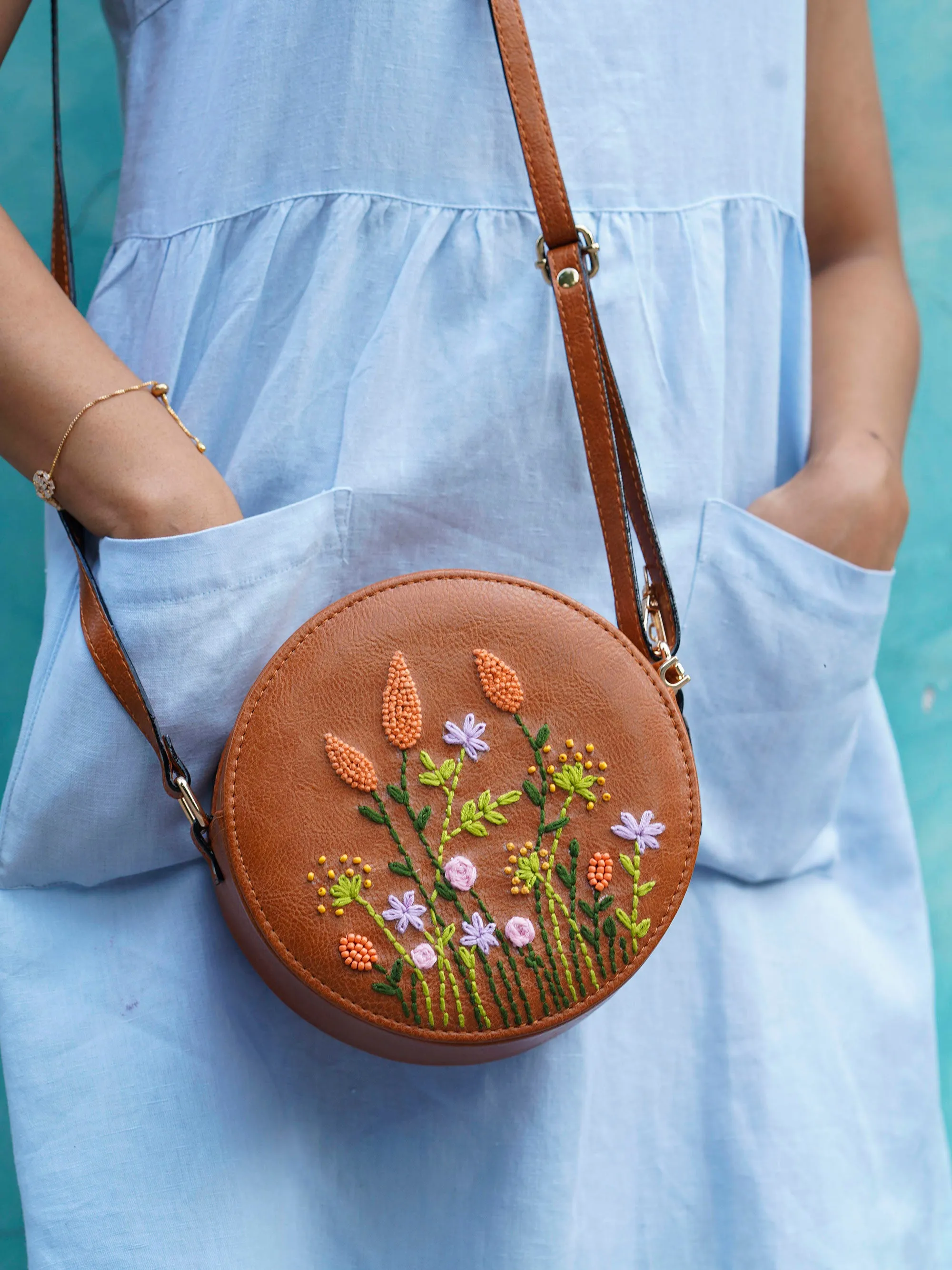 Hand Embroidered Peach Cornfield Round  Sling Bag