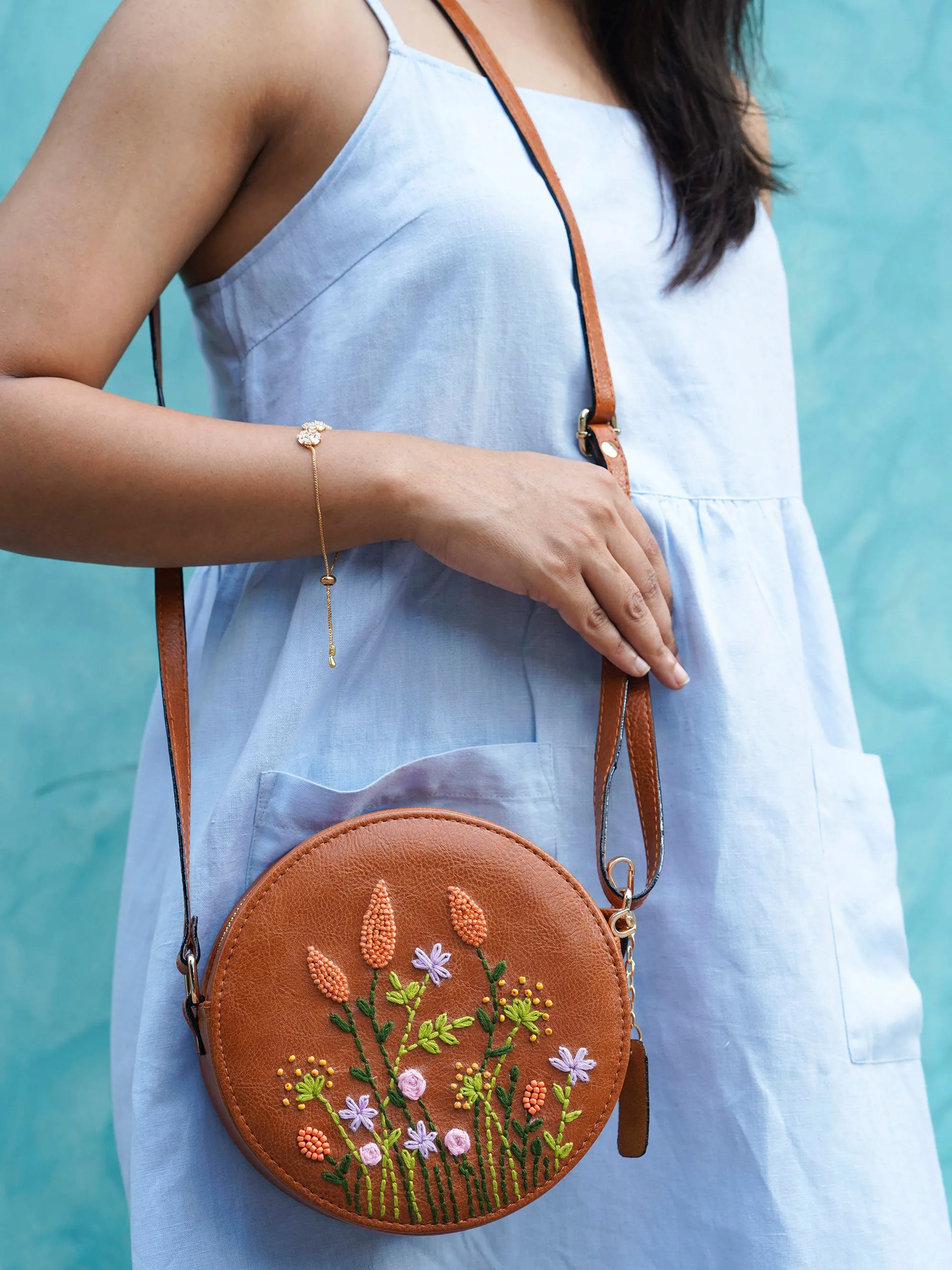 Hand Embroidered Peach Cornfield Round  Sling Bag