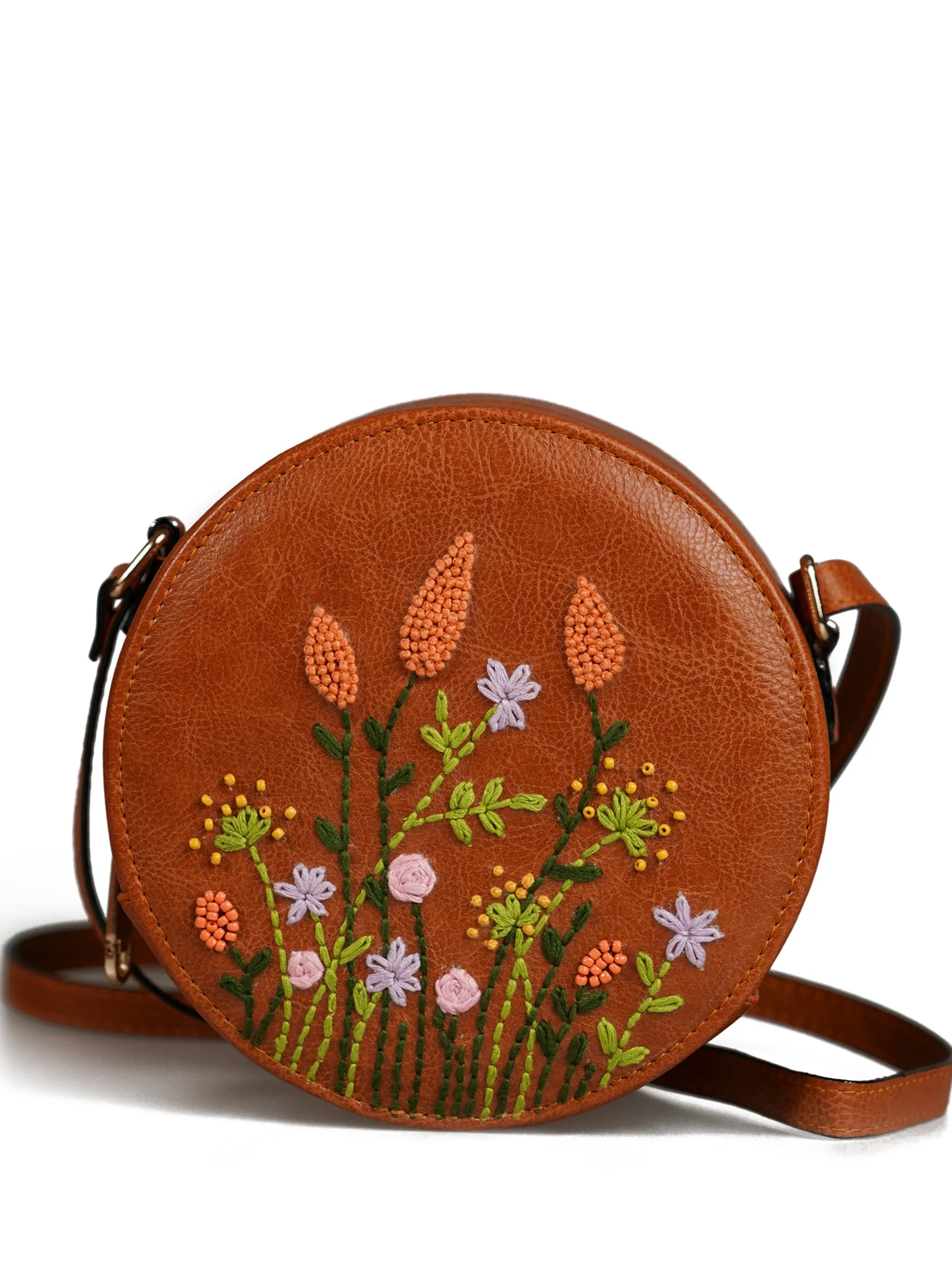 Hand Embroidered Peach Cornfield Round  Sling Bag