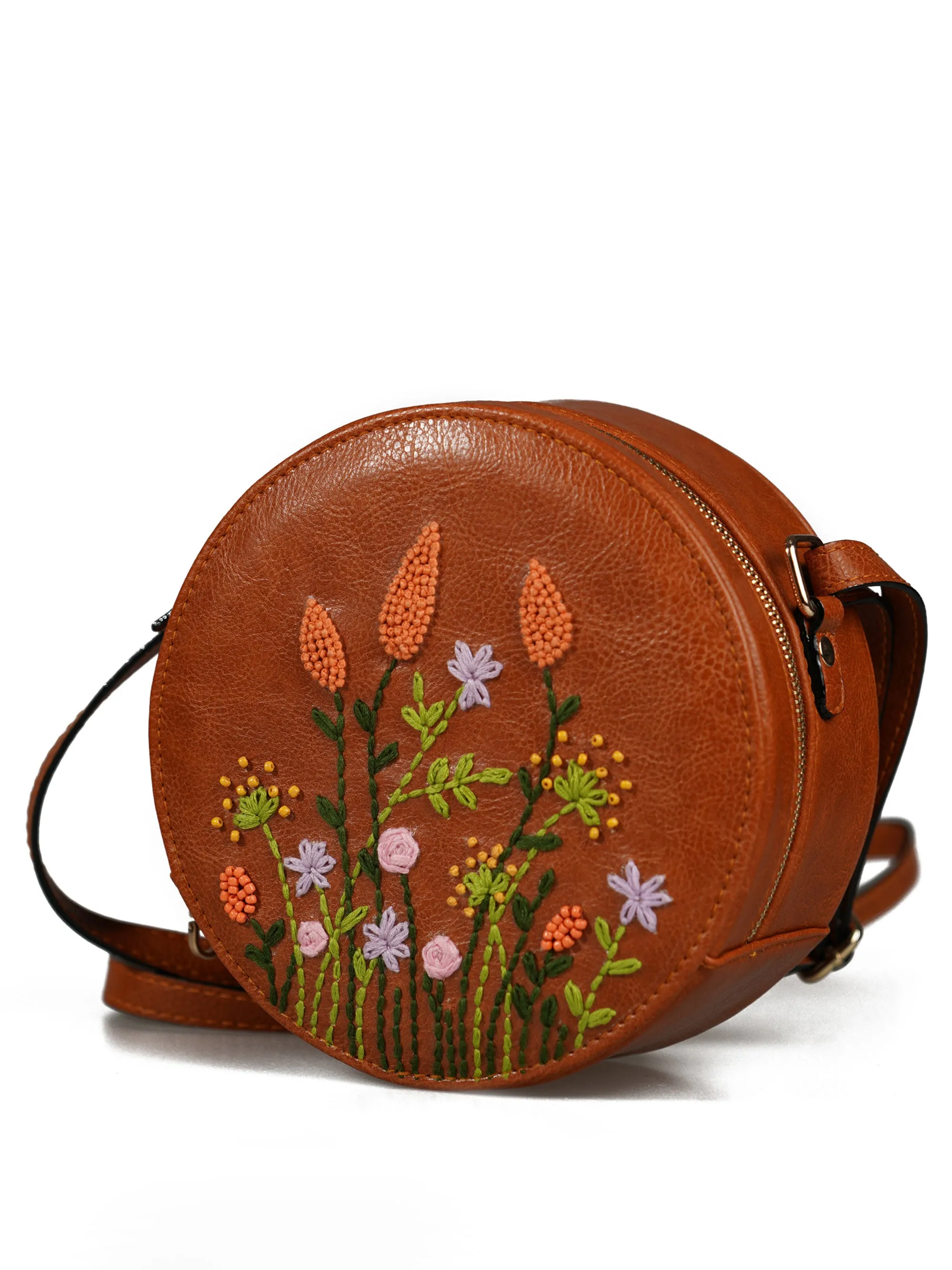 Hand Embroidered Peach Cornfield Round  Sling Bag