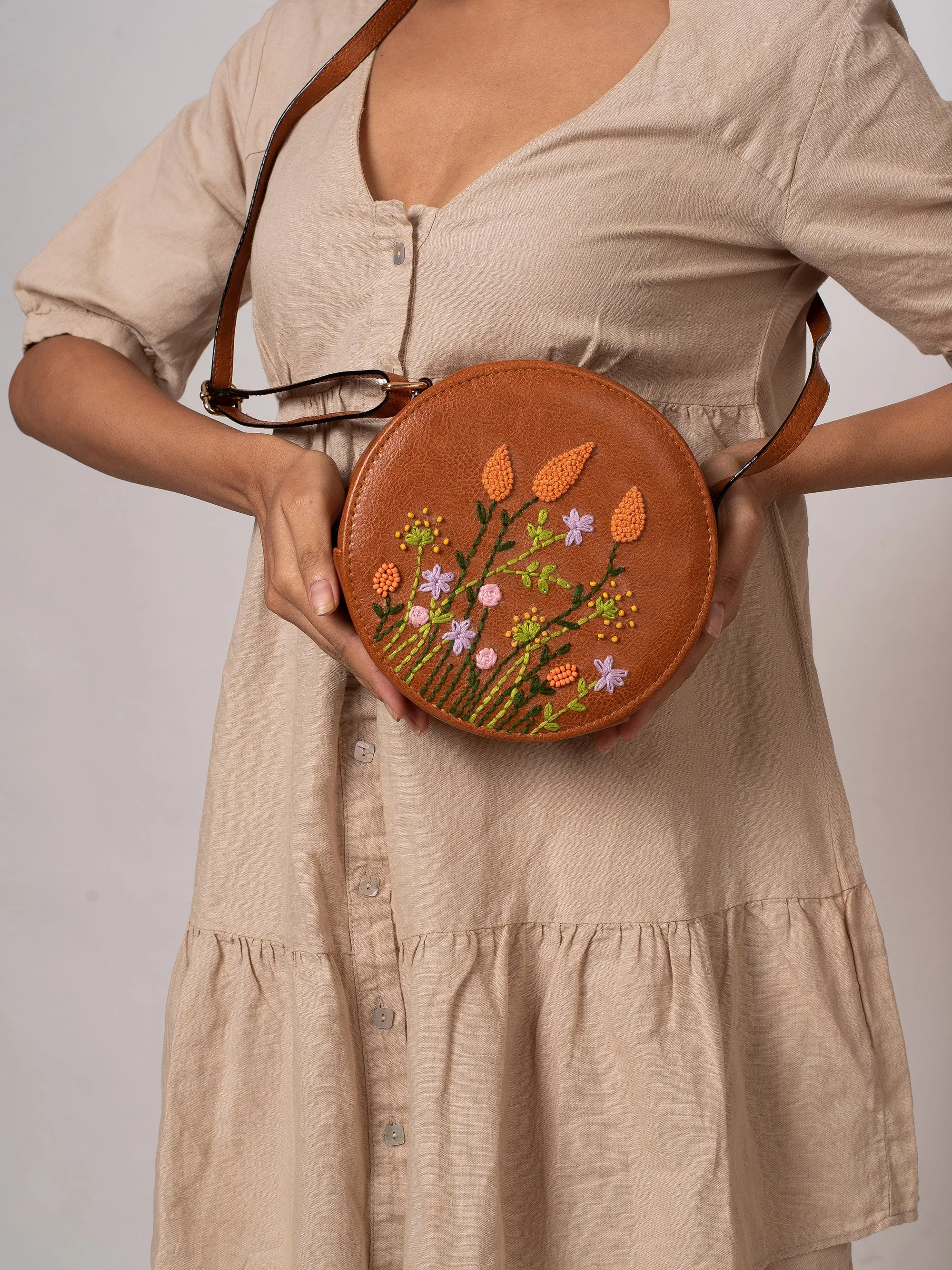 Hand Embroidered Peach Cornfield Round  Sling Bag
