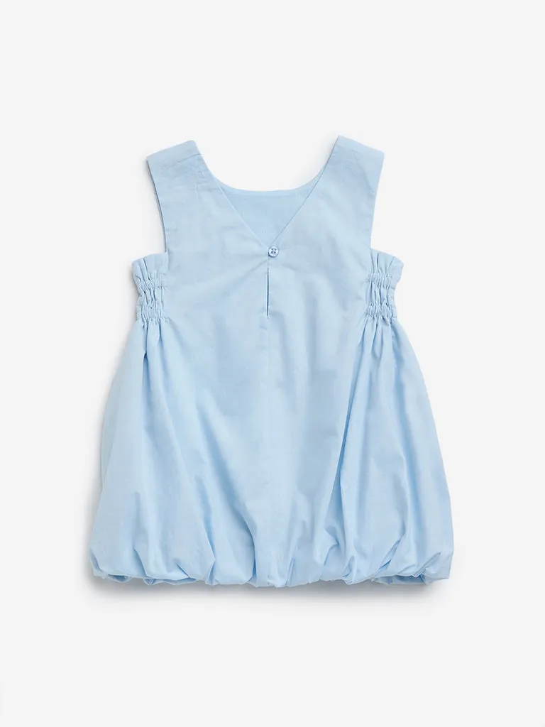 HOP Baby Blue Embroidered Cotton A-Line Balloon Dress
