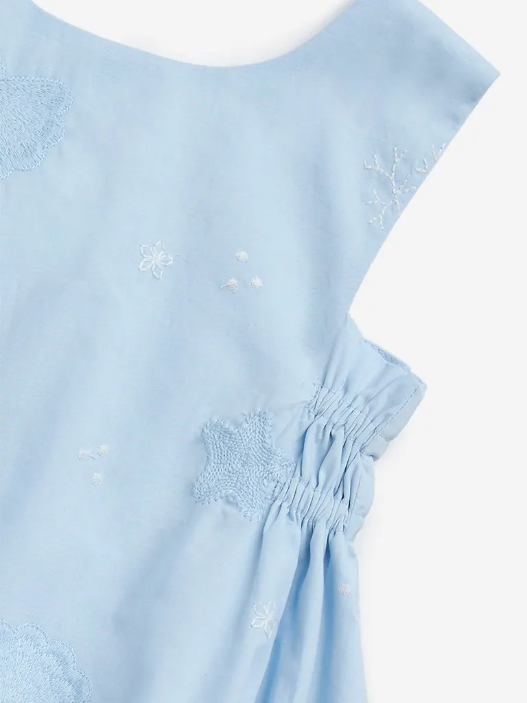 HOP Baby Blue Embroidered Cotton A-Line Balloon Dress