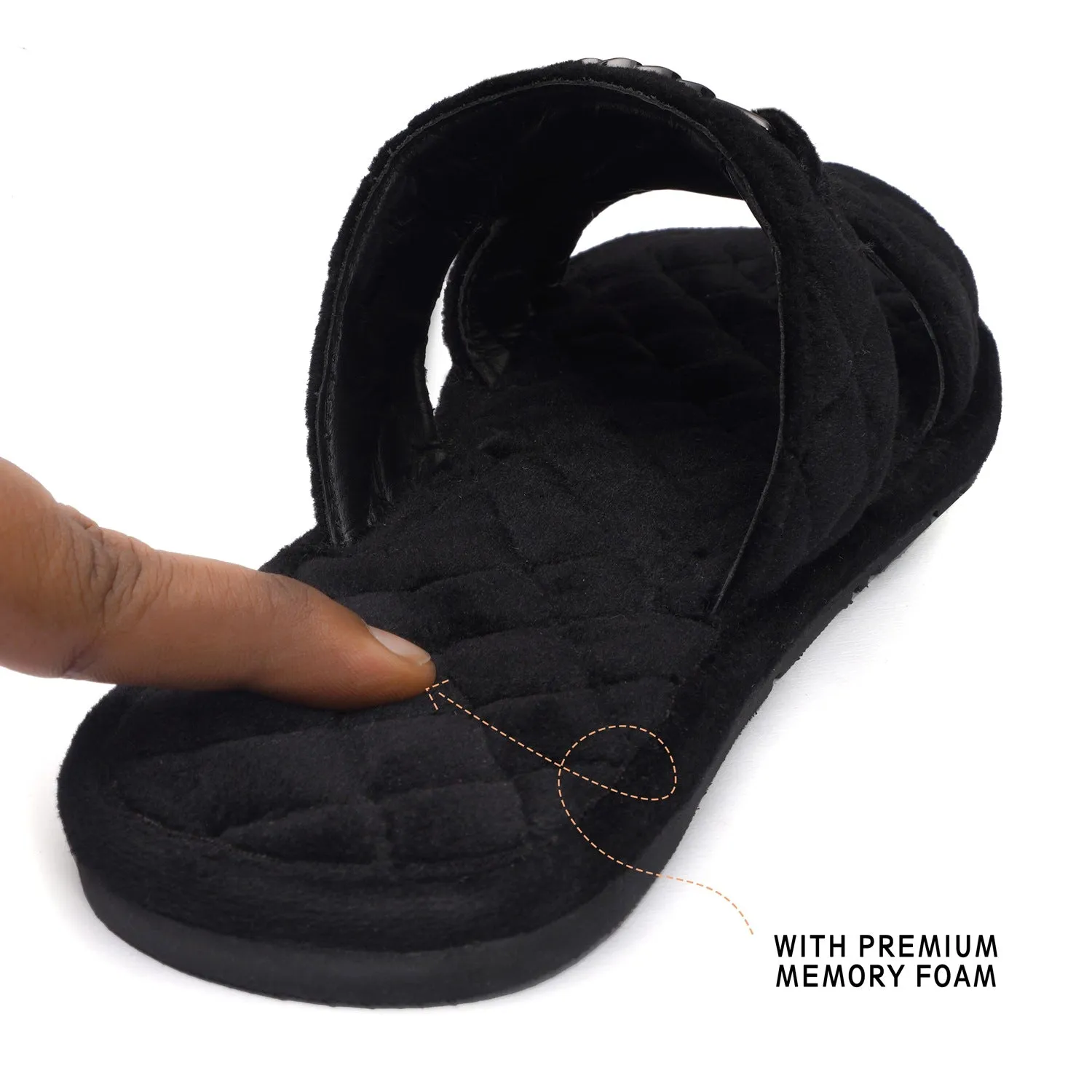 Italian Black Velvet Slipper with Diamond Stitched Broader Toe Strap