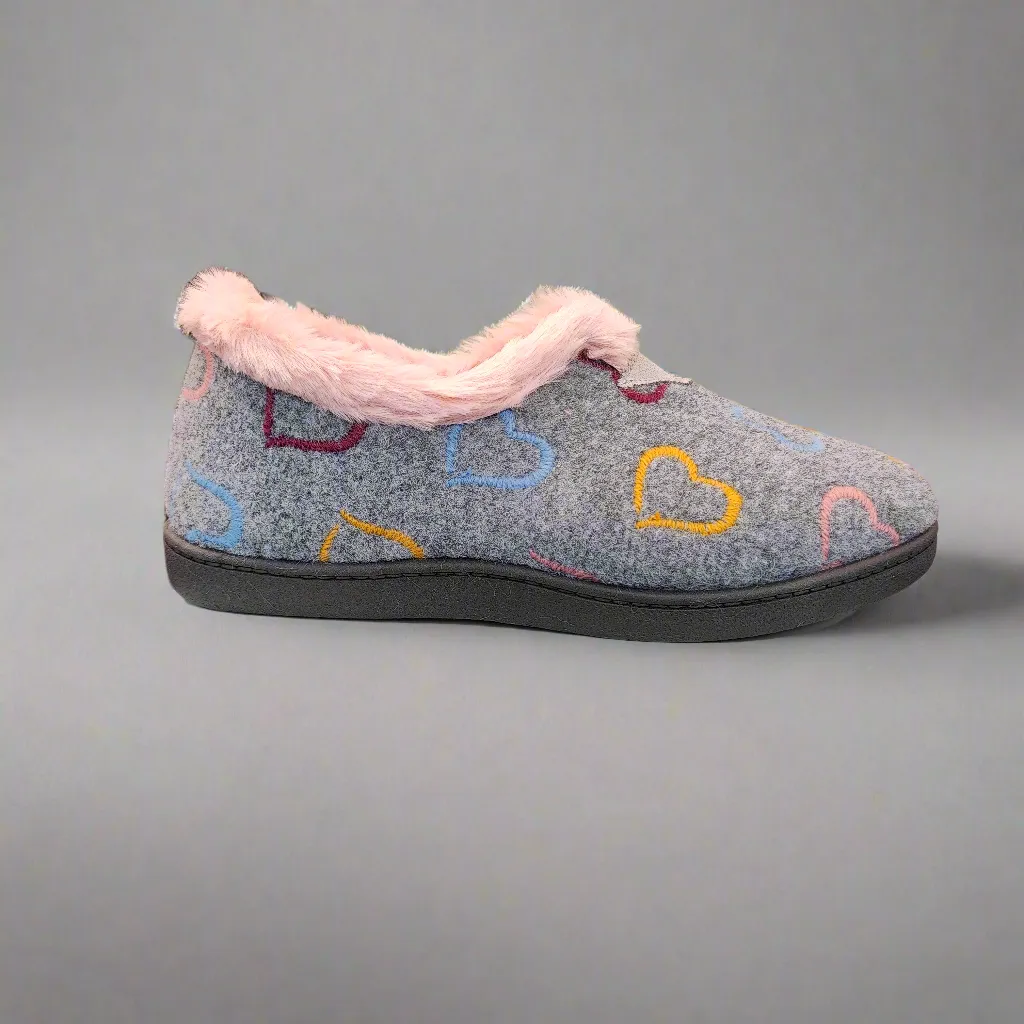 Ladies Fur Trimmed Bedroom Slippers Grey Plumaflex Memory Foam R12022