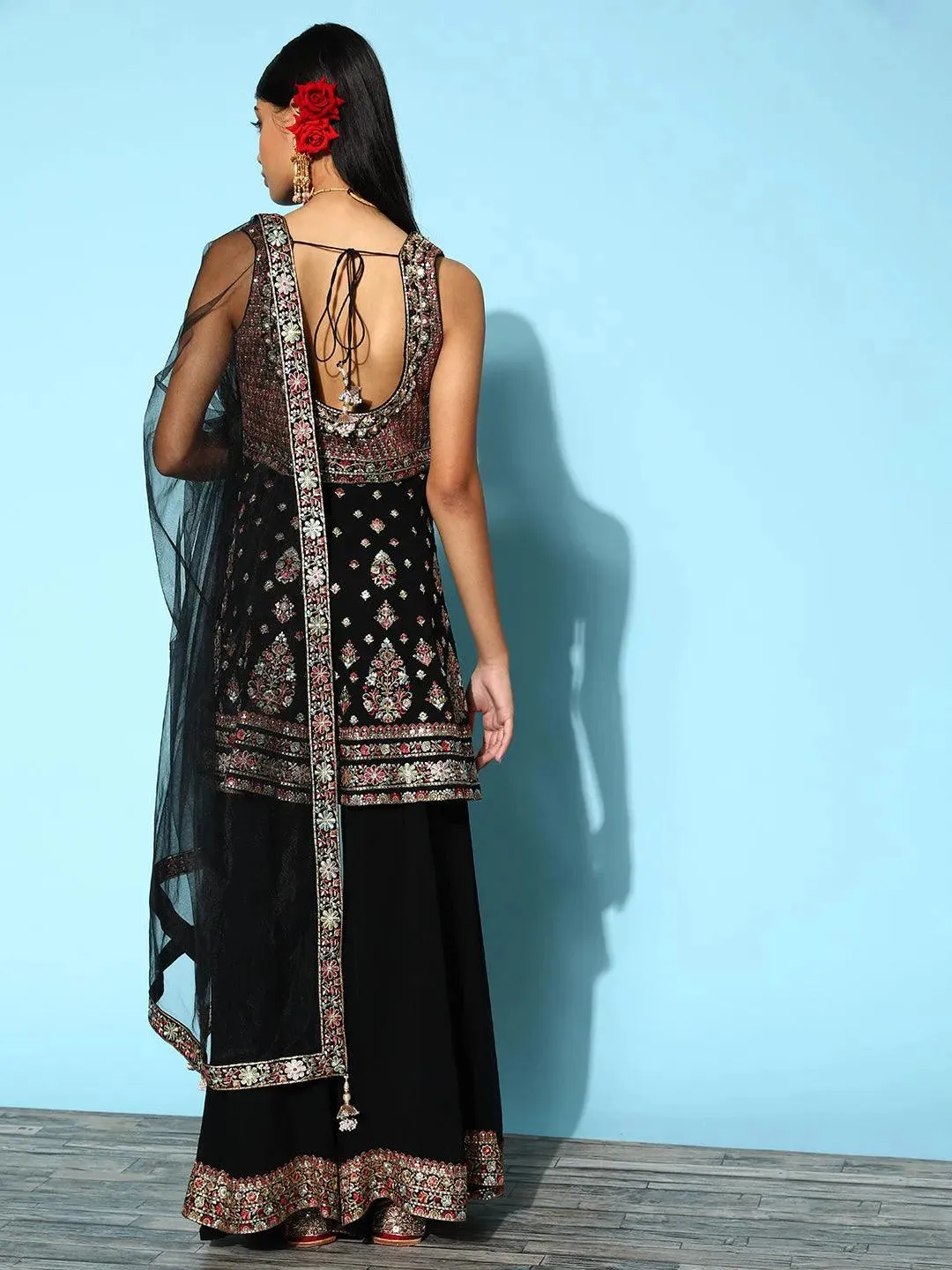 Libas Art Black Embroidered Georgette Peplum Suit Set With Palazzos