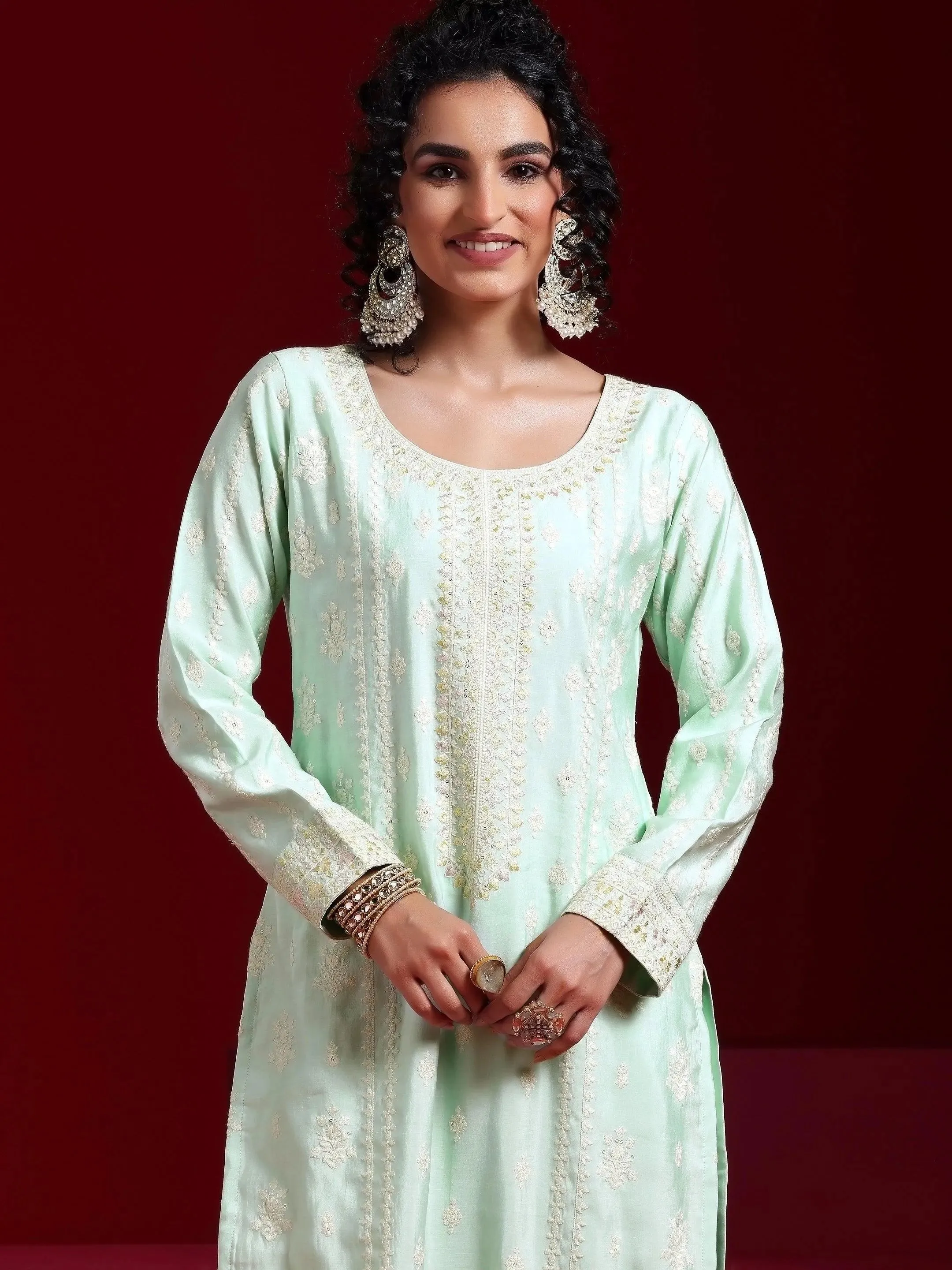 Libas Art Sea Green Embroidered Silk Blend Straight Suit With Dupatta