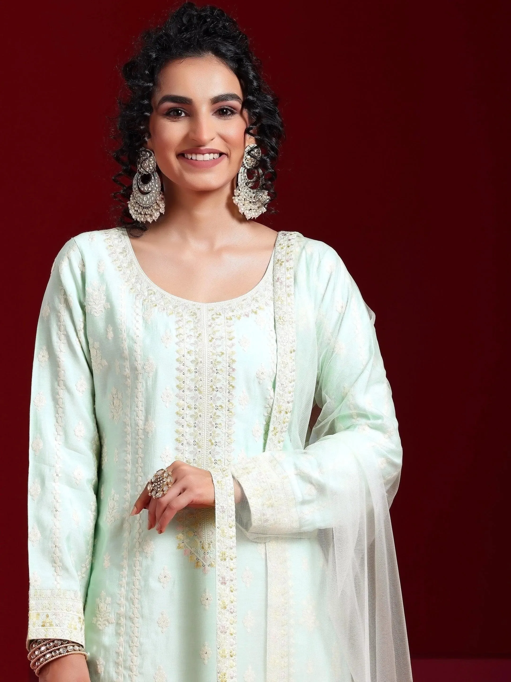 Libas Art Sea Green Embroidered Silk Blend Straight Suit With Dupatta