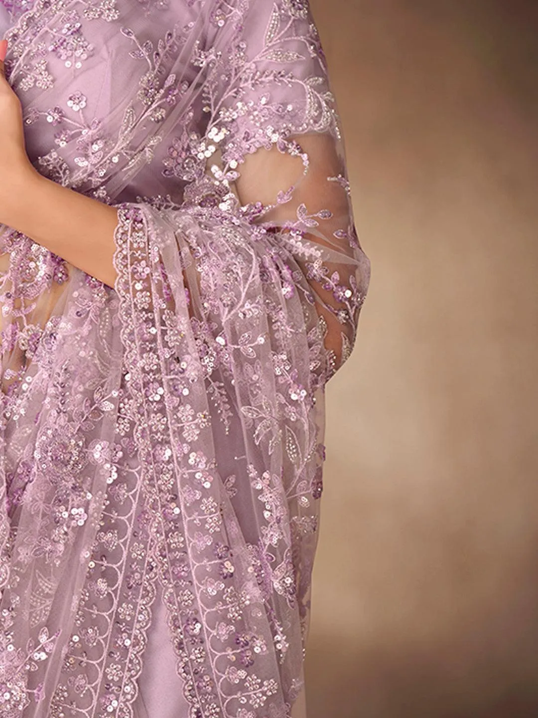 Lilac color Embroidered and zarkan work saree