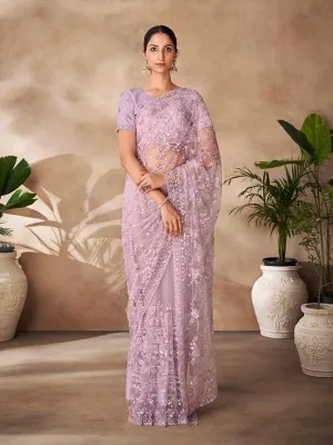 Lilac color Embroidered and zarkan work saree