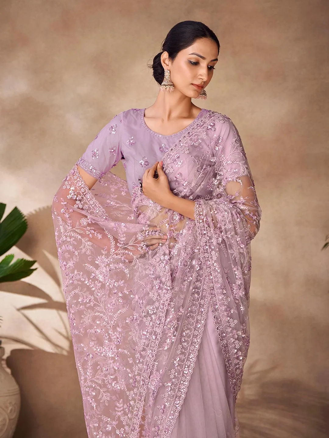 Lilac color Embroidered and zarkan work saree