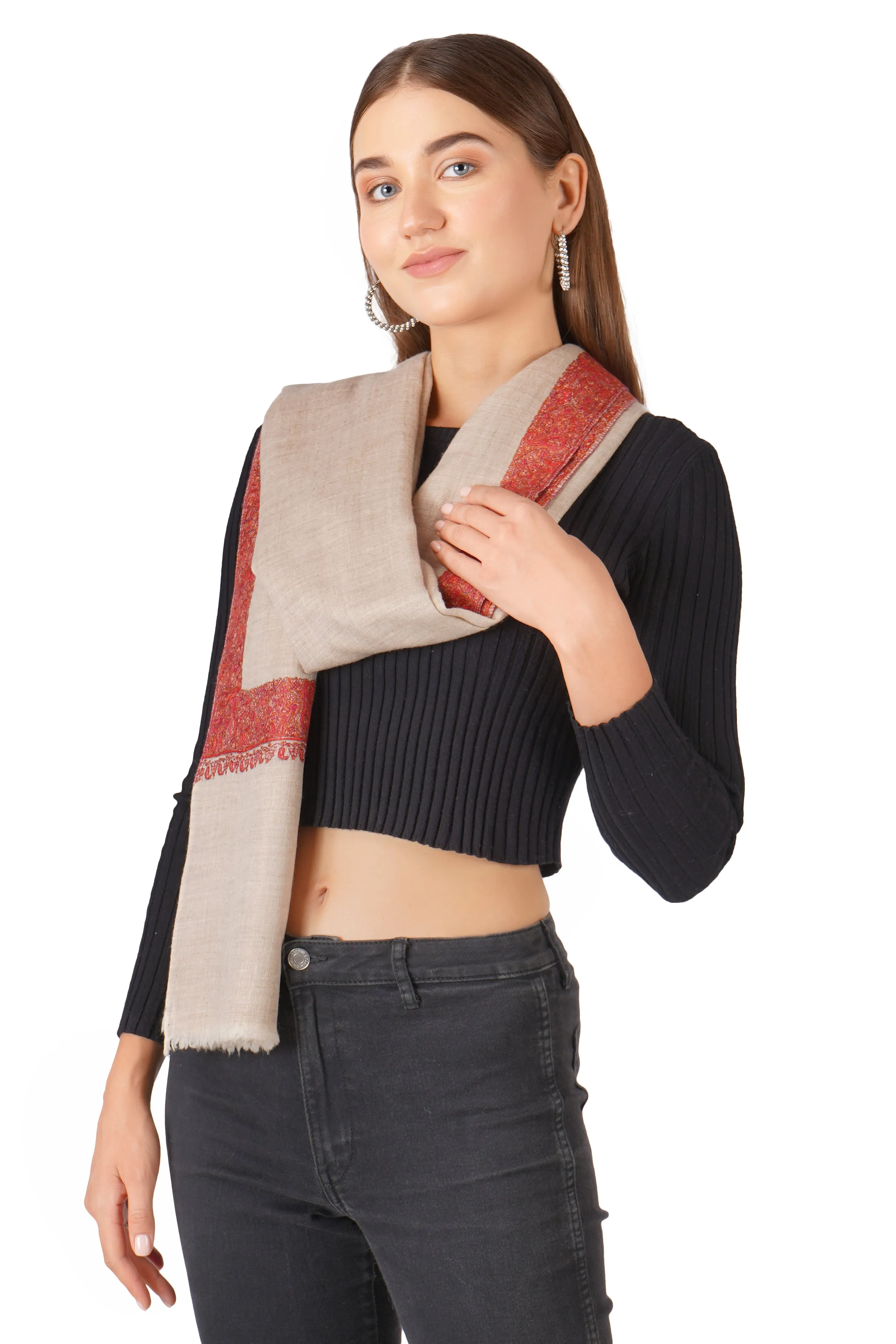 Luxury Pashmina Shawl: Handwoven Hand-Embroidered Timeless Elegance - Natural Toosh