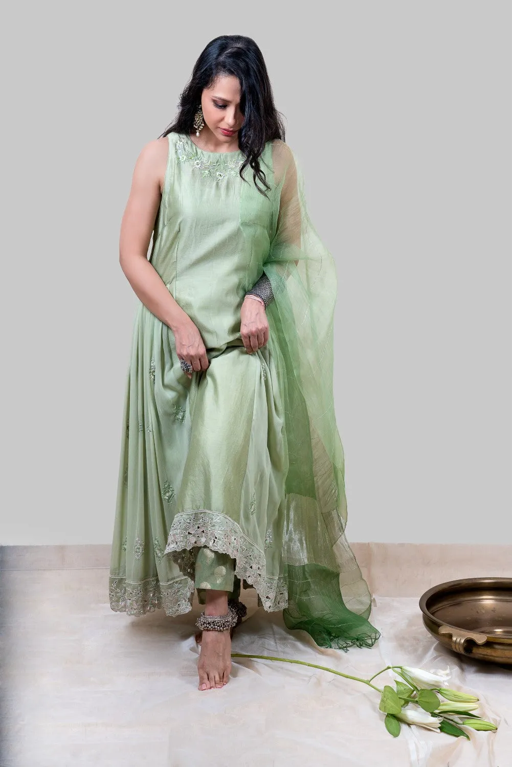 Meraki Anarkali Set-Mint Green