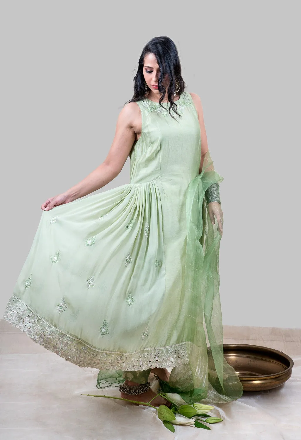 Meraki Anarkali Set-Mint Green