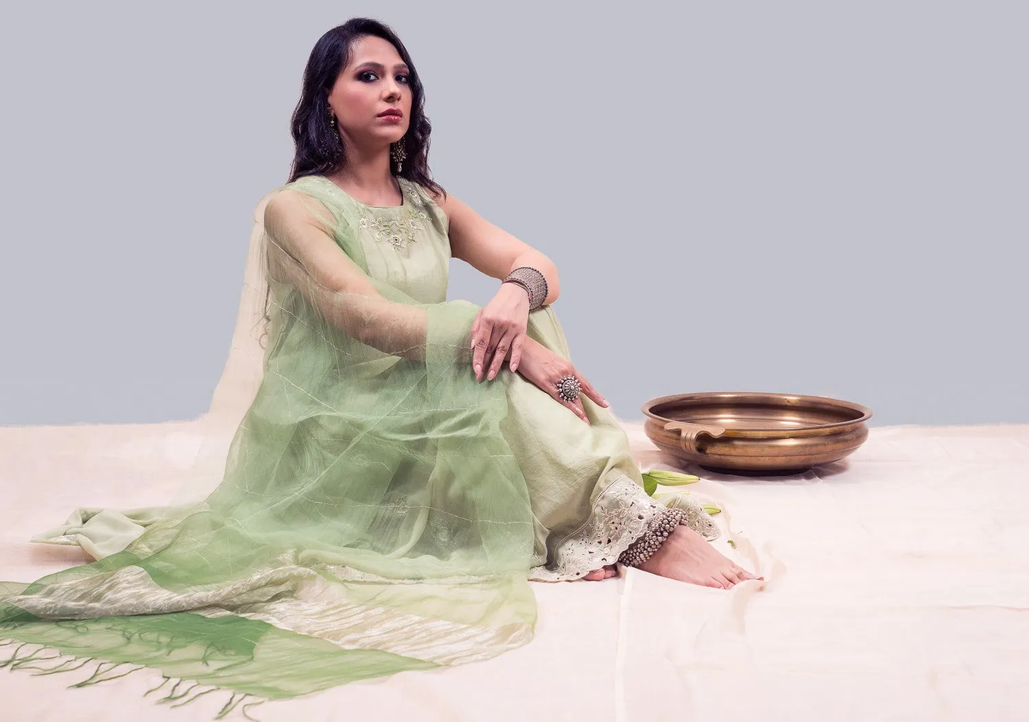 Meraki Anarkali Set-Mint Green