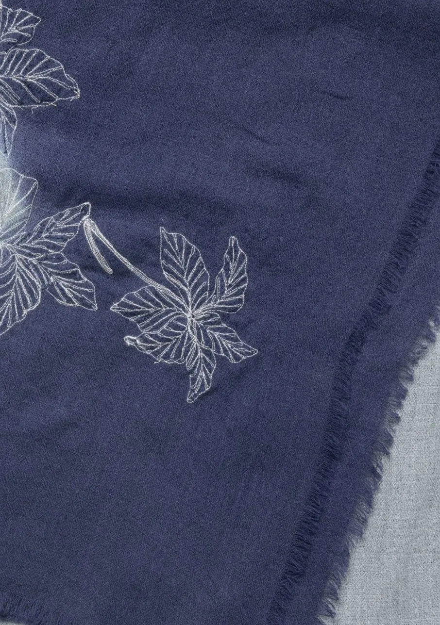Navy Blue and Steel Grey Ombre Cashmere Scarf with a Silver Sequin and Metalic Leaf Embroidery