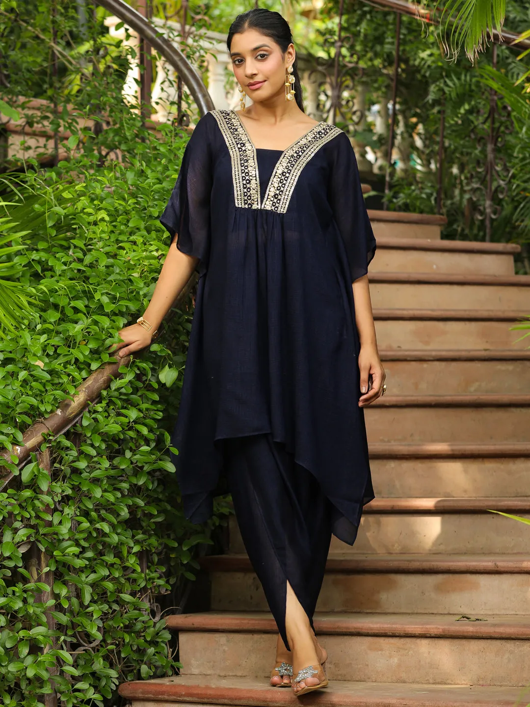 Navy Blue Silk Blend Yoke Embroidered Kaftan Co-Ord Set