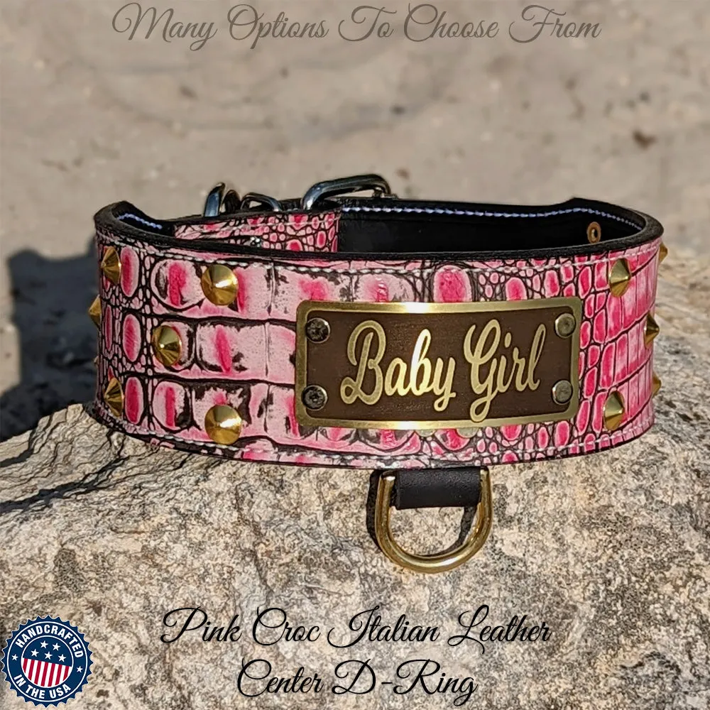 NJ4 - 2.5" Leather Dog Collar with Cone Studs & Name Plate