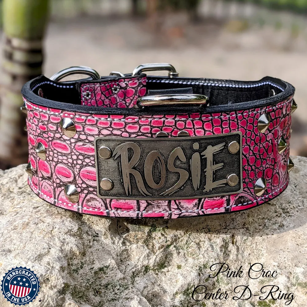 NJ4 - 2.5" Leather Dog Collar with Cone Studs & Name Plate