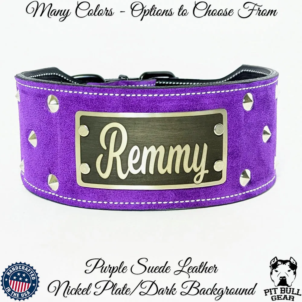 NX33 - 3" Wide Leather Dog Collar Custom Name Plate Collar with Studs