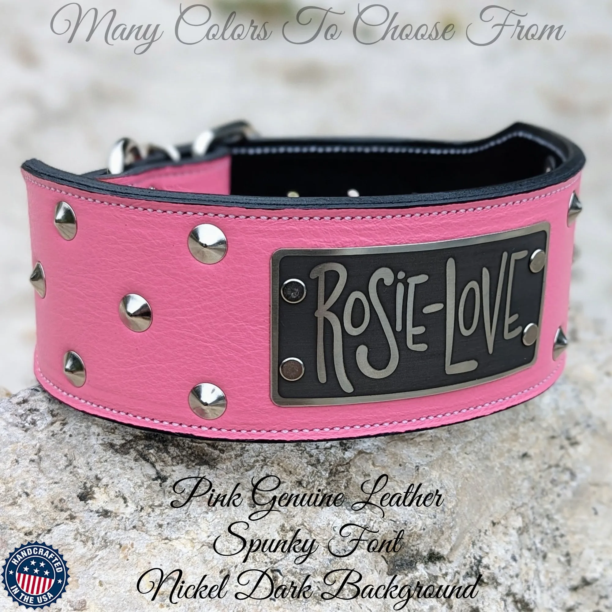NX33 - 3" Wide Leather Dog Collar Custom Name Plate Collar with Studs