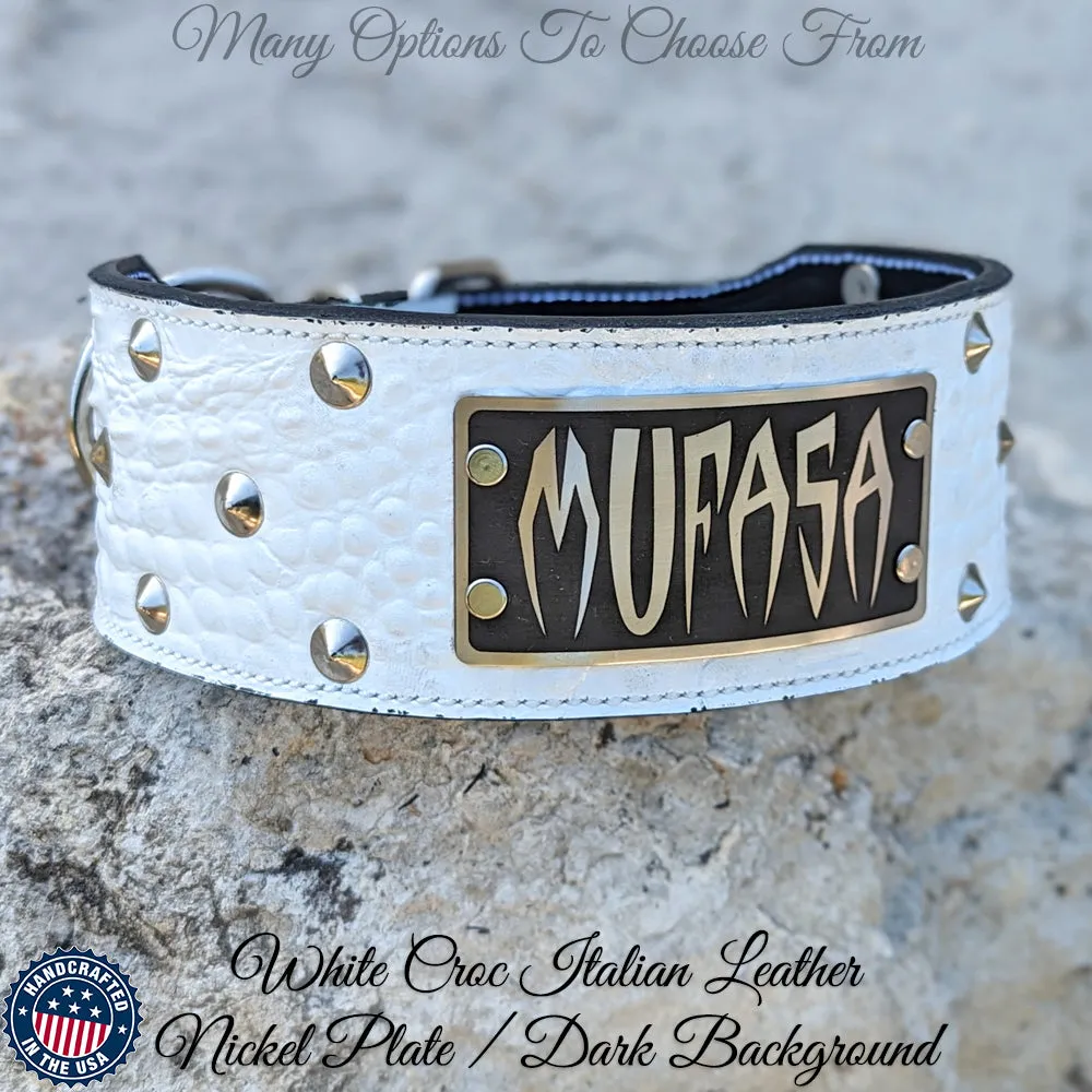 NX33 - 3" Wide Leather Dog Collar Custom Name Plate Collar with Studs