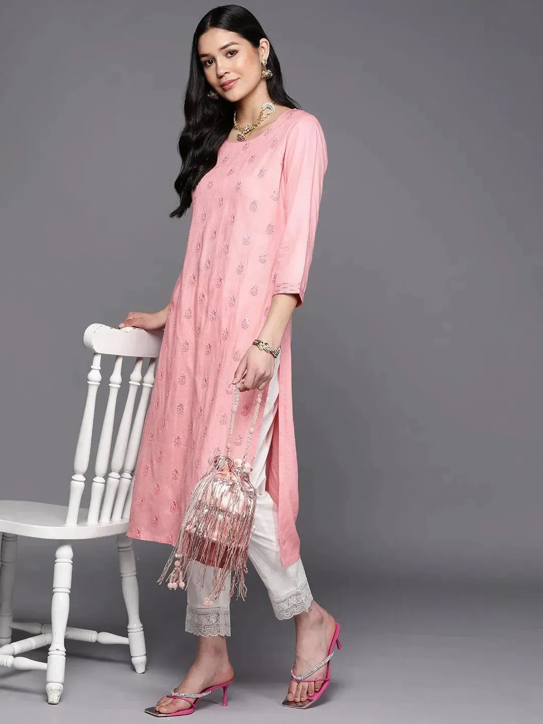 Pink Embroidered Rayon Straight Kurta