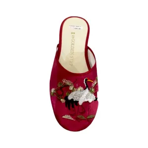 "Golden Step" Lady Emb'd Slippers (Red, White Crane)