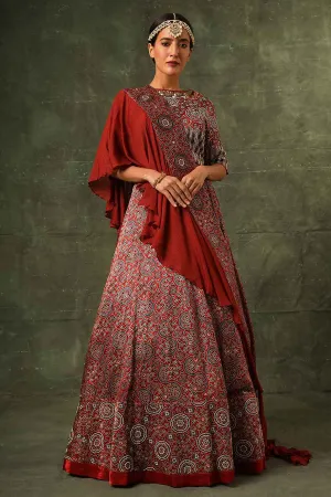 Red Ajrakh Embroidered Lehenga Set