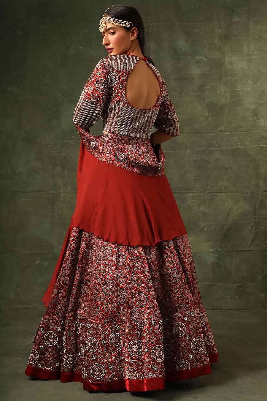 Red Ajrakh Embroidered Lehenga Set