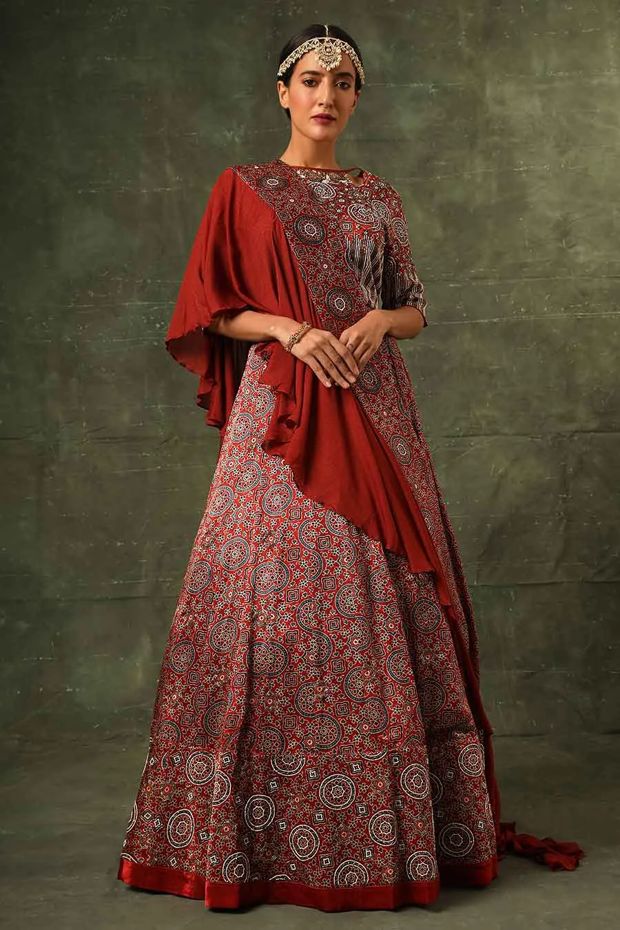 Red Ajrakh Embroidered Lehenga Set