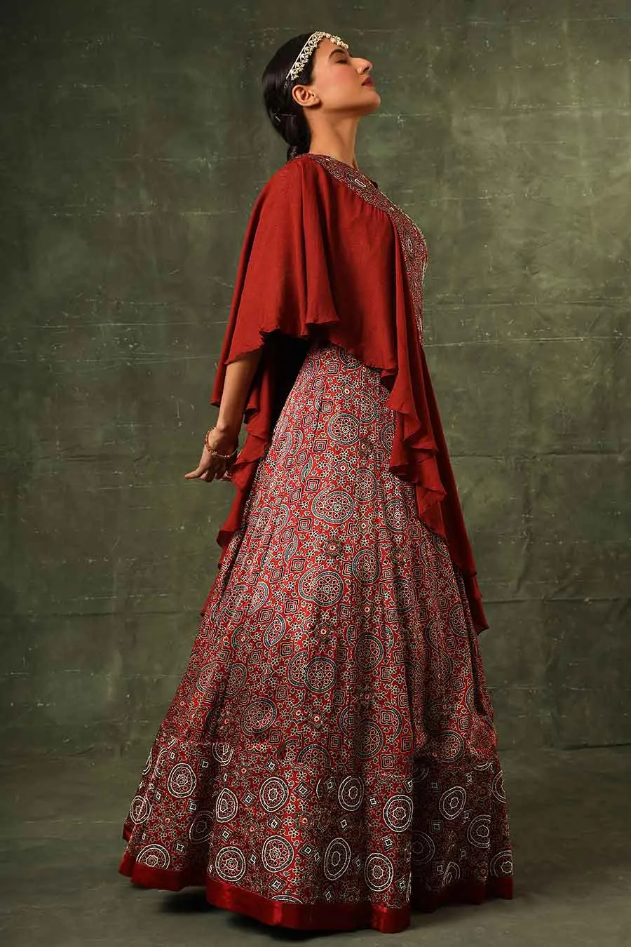 Red Ajrakh Embroidered Lehenga Set