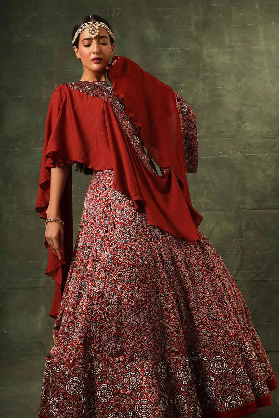 Red Ajrakh Embroidered Lehenga Set