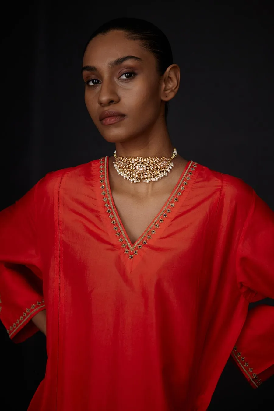Scarlet Red Panelled Kurta & Embroidered Pant Set