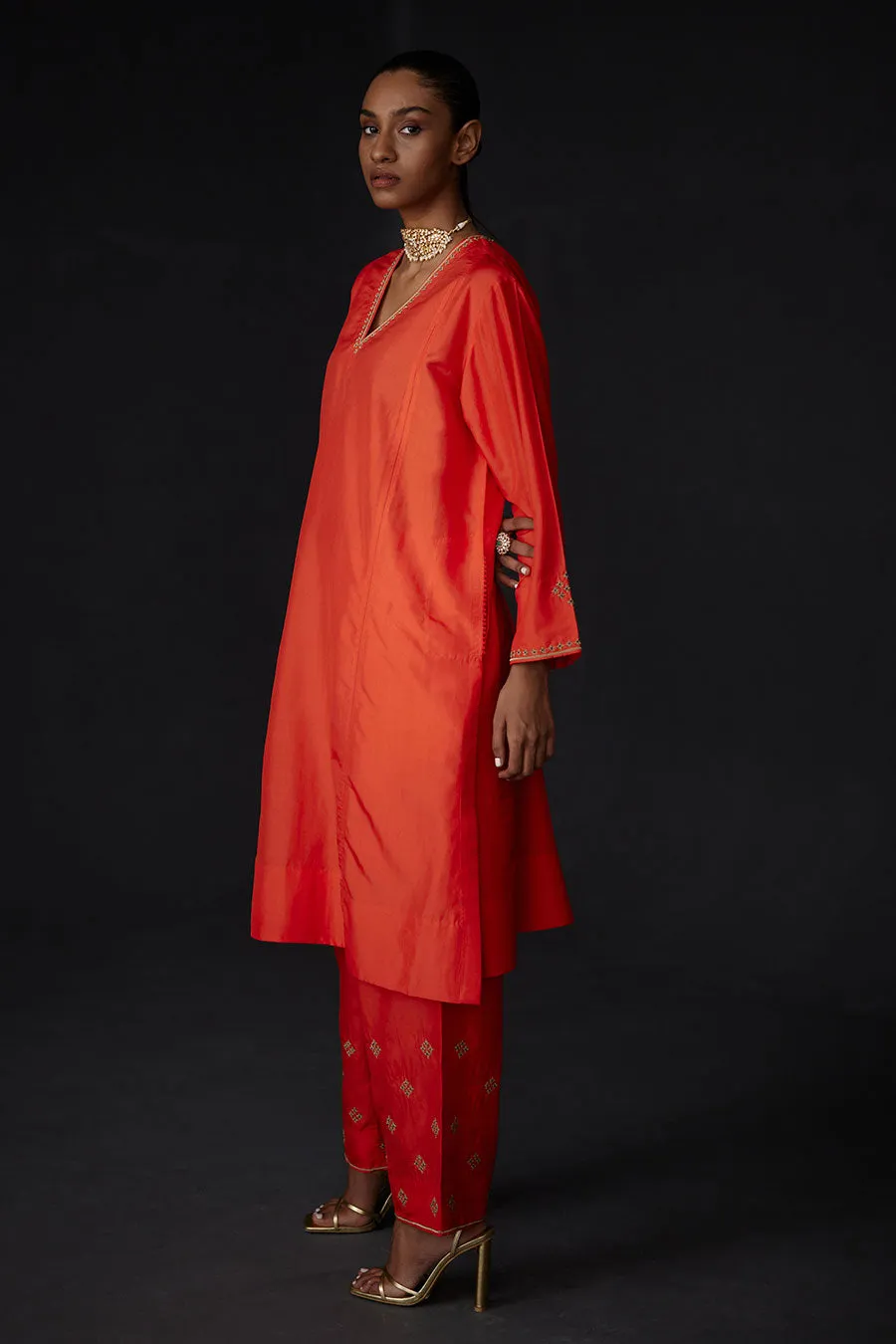 Scarlet Red Panelled Kurta & Embroidered Pant Set