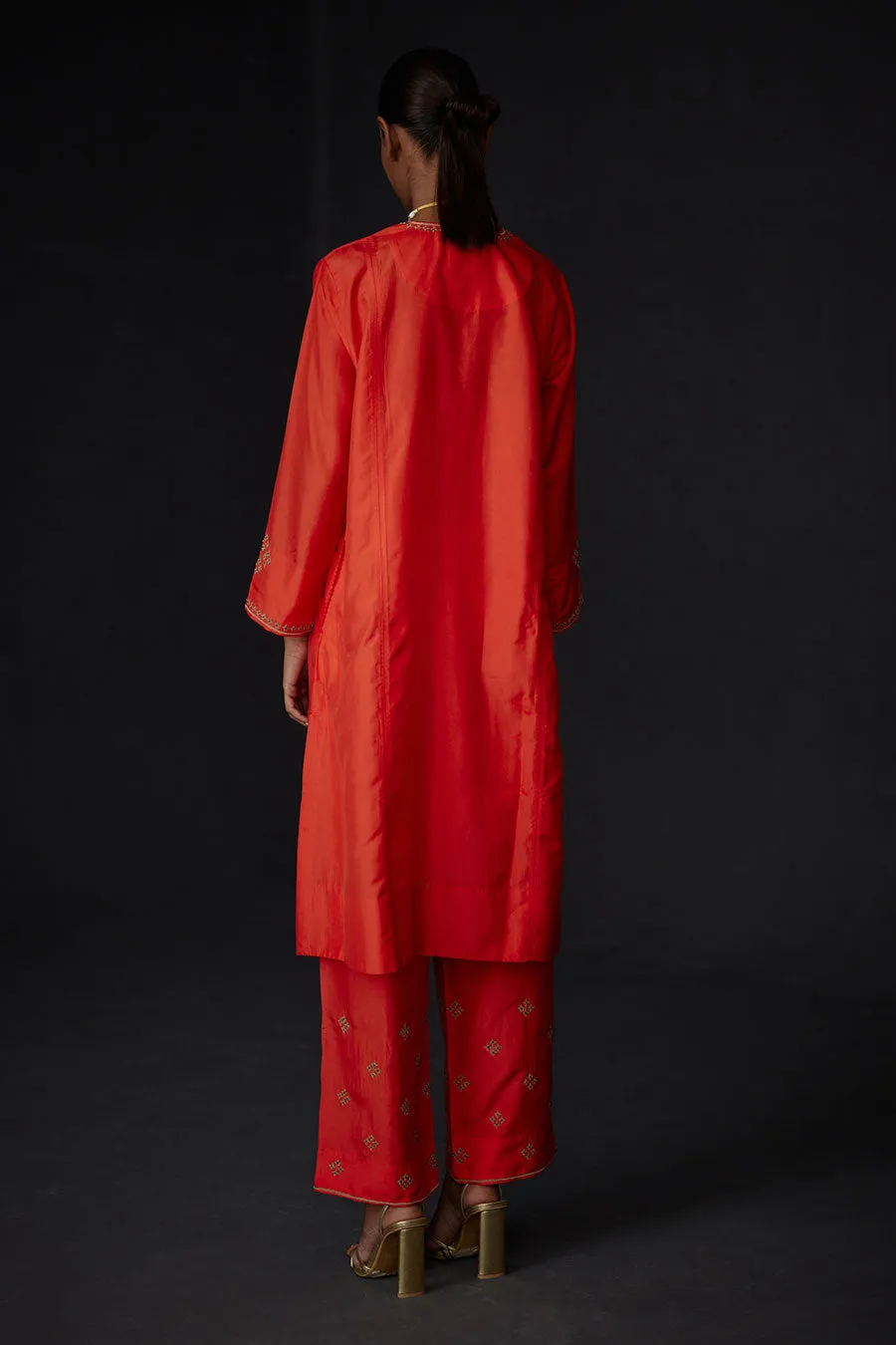 Scarlet Red Panelled Kurta & Embroidered Pant Set