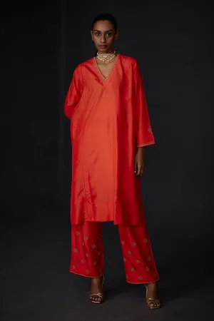 Scarlet Red Panelled Kurta & Embroidered Pant Set