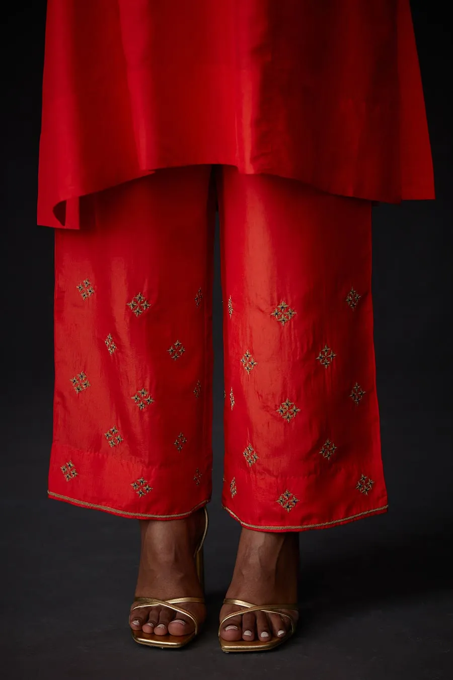 Scarlet Red Panelled Kurta & Embroidered Pant Set