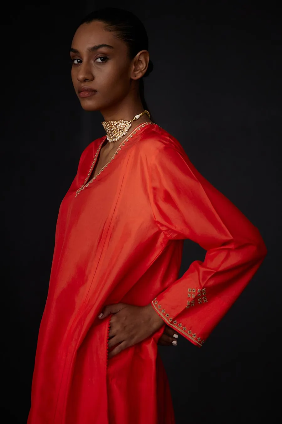 Scarlet Red Panelled Kurta & Embroidered Pant Set