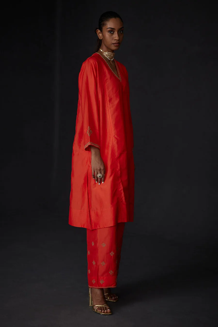 Scarlet Red Panelled Kurta & Embroidered Pant Set