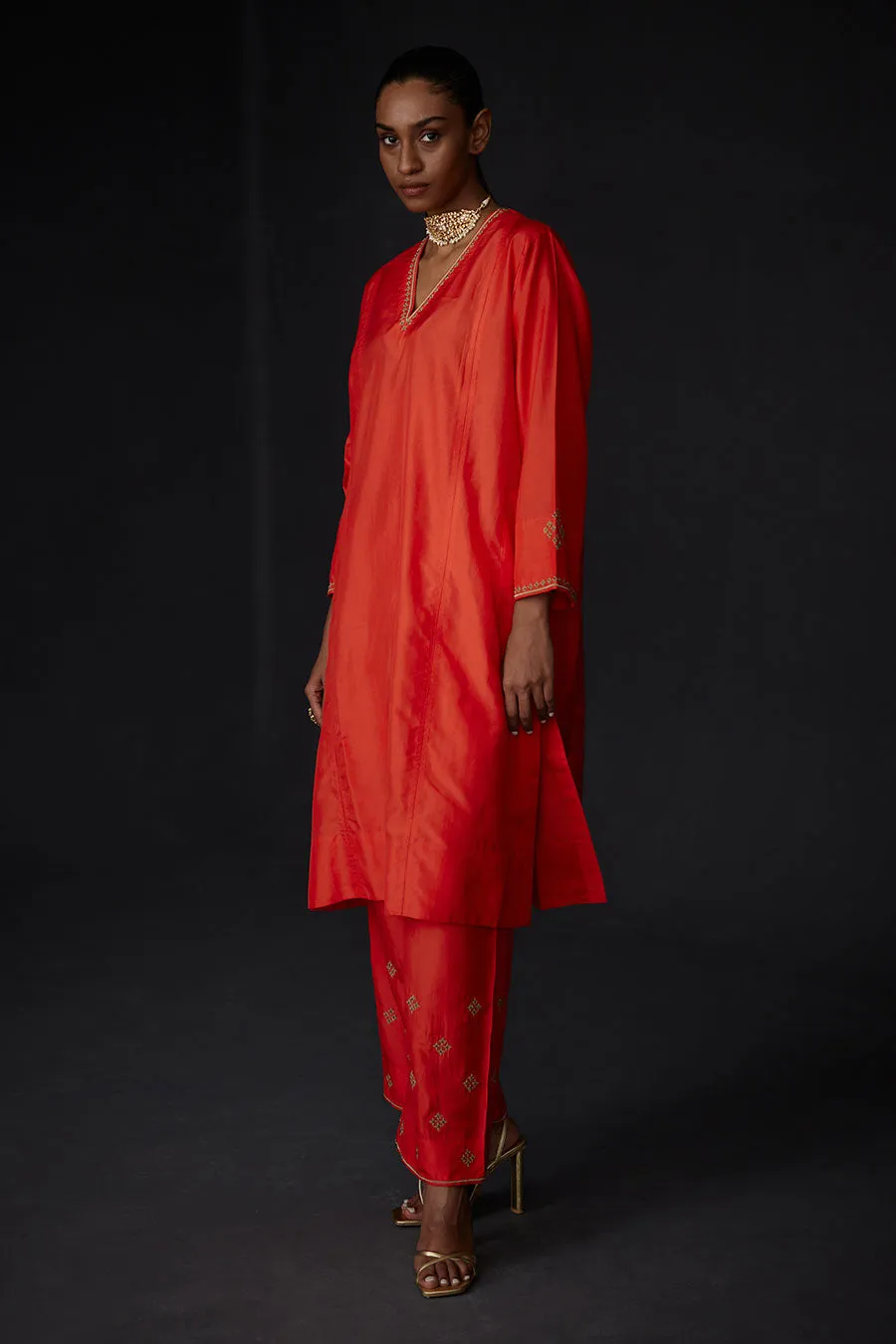 Scarlet Red Panelled Kurta & Embroidered Pant Set