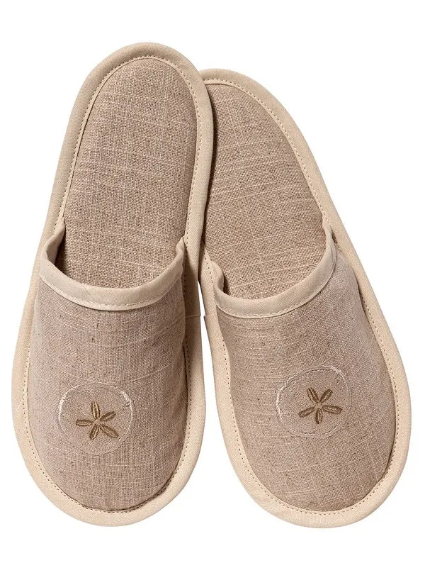 Slippers (Closed Toe) - Natural Linen, Embroidered