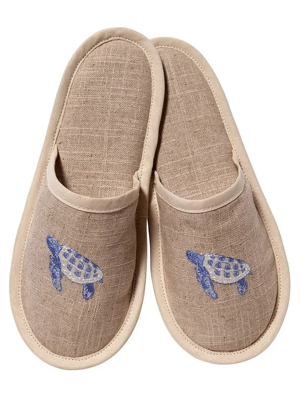 Slippers (Closed Toe) - Natural Linen, Embroidered