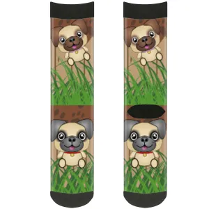 Sock Pair - Polyester - Pug Puppies Paw Prints Browns Greens - CREW