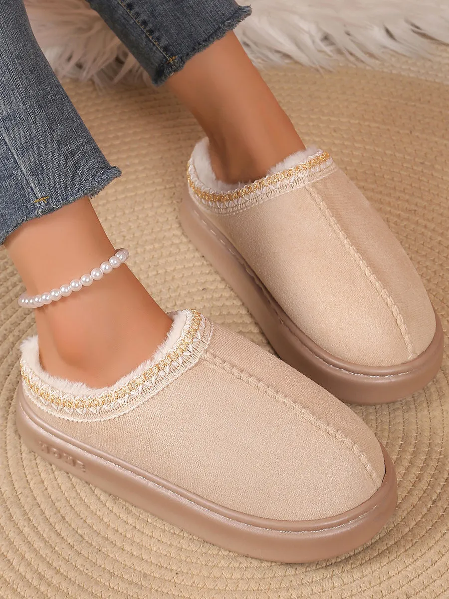 Solid Color Embroidery Plush Slippers