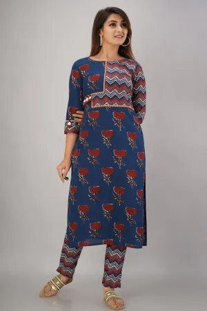 SVARCHI Women's Cotton Cambric Embroidered Straight Kurta & Pant Set (Blue & Red)
