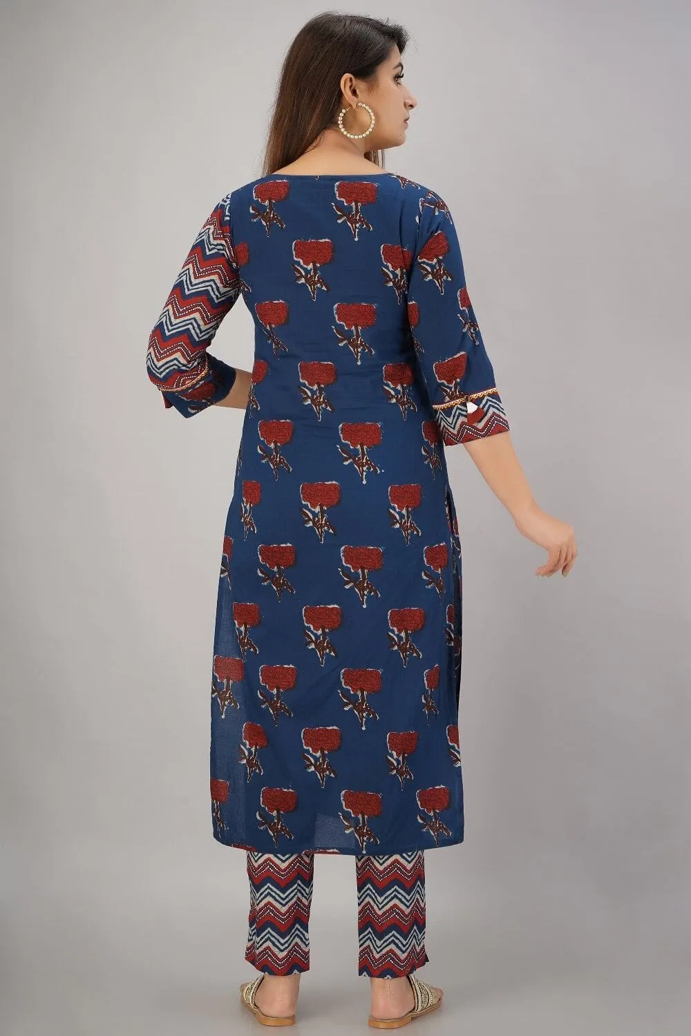 SVARCHI Women's Cotton Cambric Embroidered Straight Kurta & Pant Set (Blue & Red)