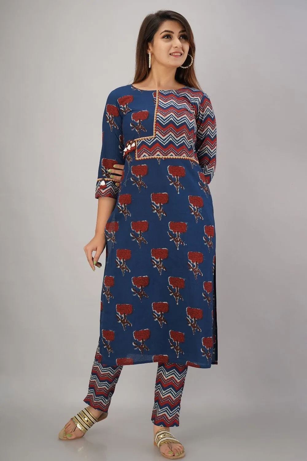 SVARCHI Women's Cotton Cambric Embroidered Straight Kurta & Pant Set (Blue & Red)
