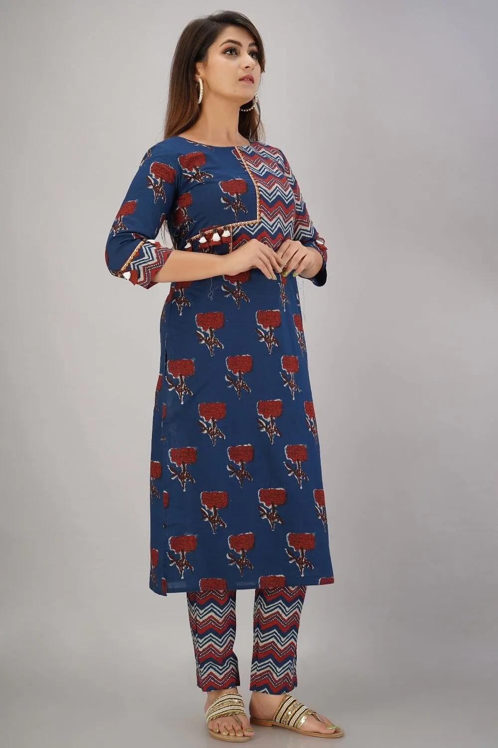 SVARCHI Women's Cotton Cambric Embroidered Straight Kurta & Pant Set (Blue & Red)