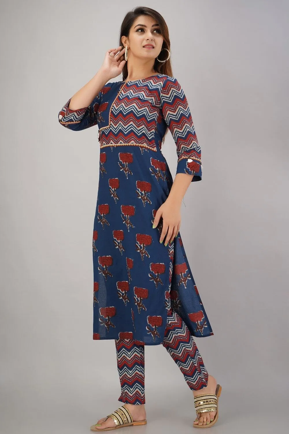 SVARCHI Women's Cotton Cambric Embroidered Straight Kurta & Pant Set (Blue & Red)